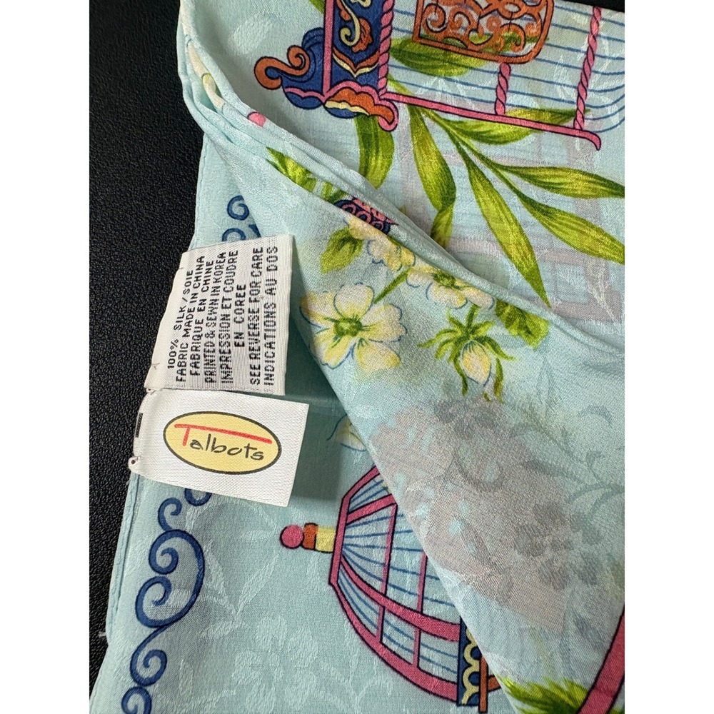 Talbots Light Blue Silk Square‎ Scarf Birdcage Floral Jacquard 26x26 - Picture 4 of 6